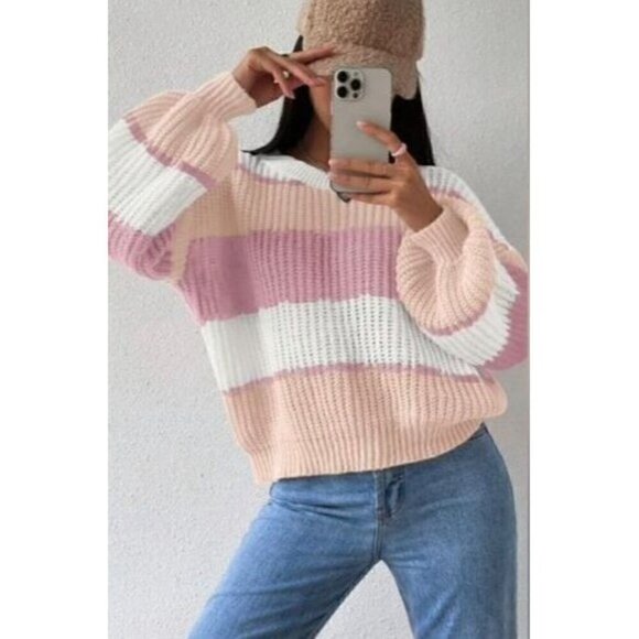 Round Neck  Color Block Drop Shoulder Sweater - Picture 4 of 5